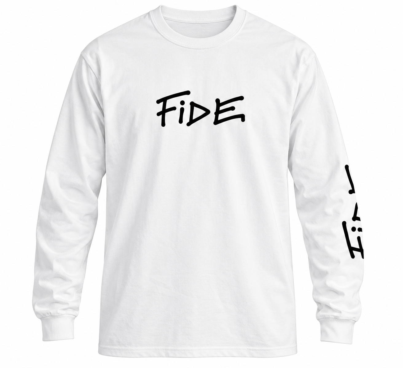 White FIDE long sleeve shirt with black FIDE chest logo and sleeve print